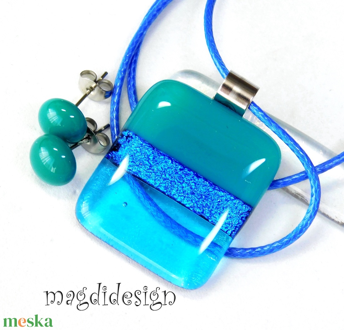 Türkiz színtrió üvegékszer szett nyaklánc kapcsos fülbevaló  - ékszer - ékszerszett - Meska.hu
