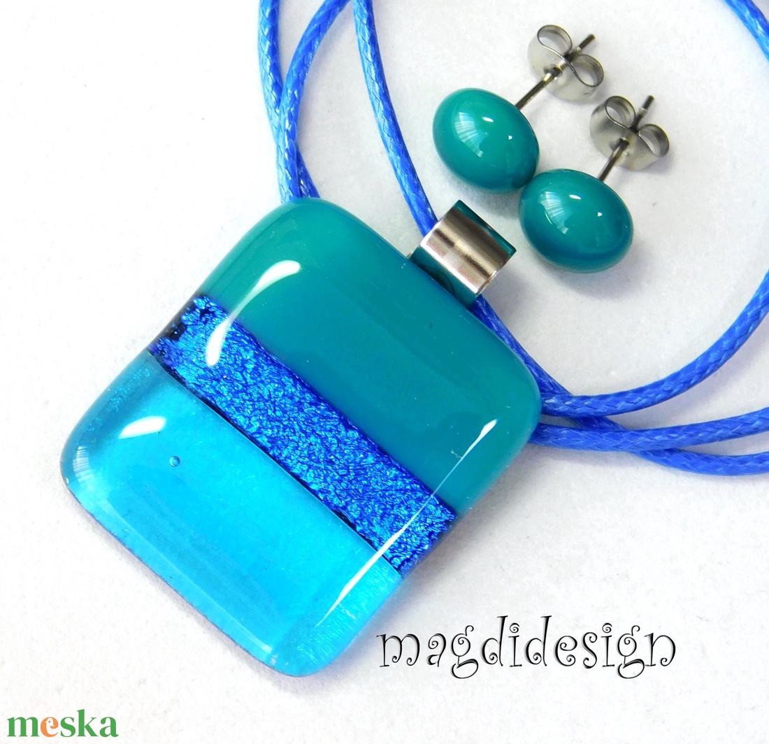 Türkiz színtrió üvegékszer szett nyaklánc stiftes fülbevaló  - ékszer - ékszerszett - Meska.hu