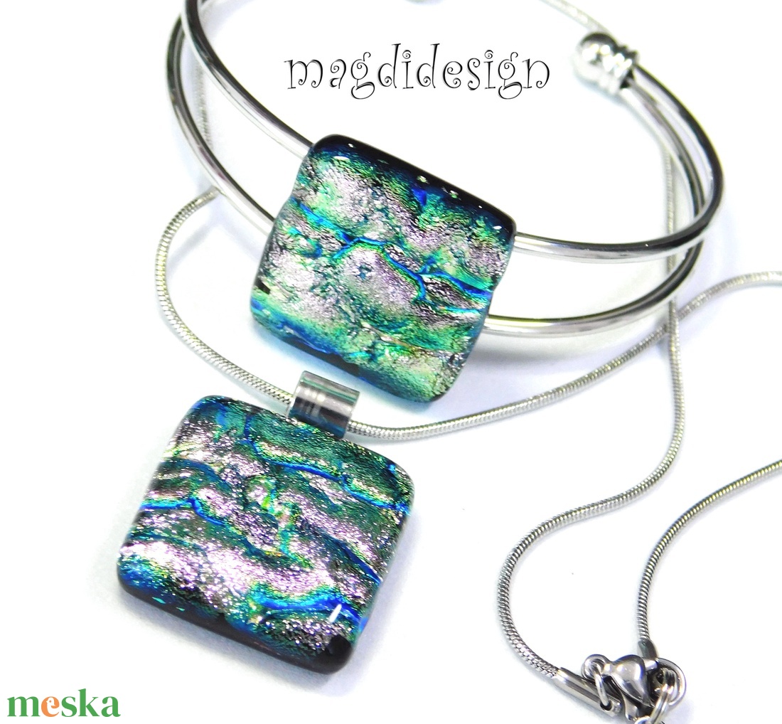 Rózsaszín-kék-ezüst dichroic üvegékszer szett nyaklánc,  karkötő - ékszer - ékszerszett - Meska.hu