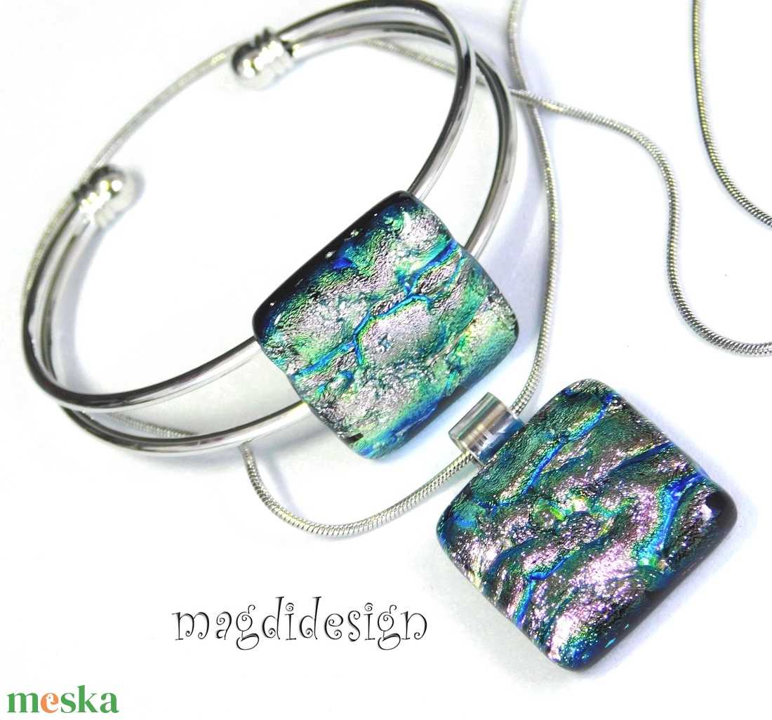 Rózsaszín-kék-ezüst dichroic üvegékszer szett nyaklánc,  karkötő - ékszer - ékszerszett - Meska.hu