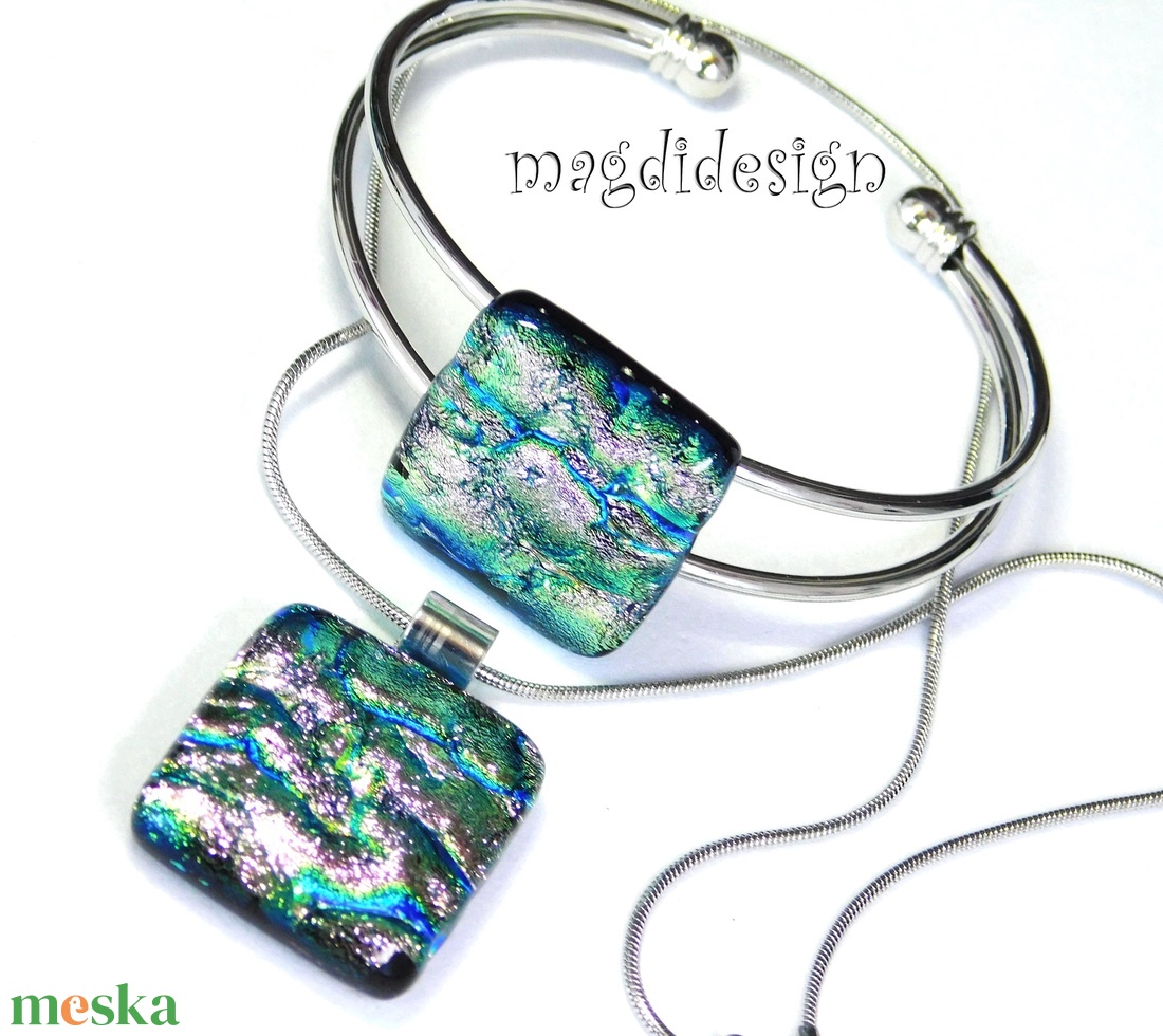 Rózsaszín-kék-ezüst dichroic üvegékszer szett nyaklánc,  karkötő - ékszer - ékszerszett - Meska.hu