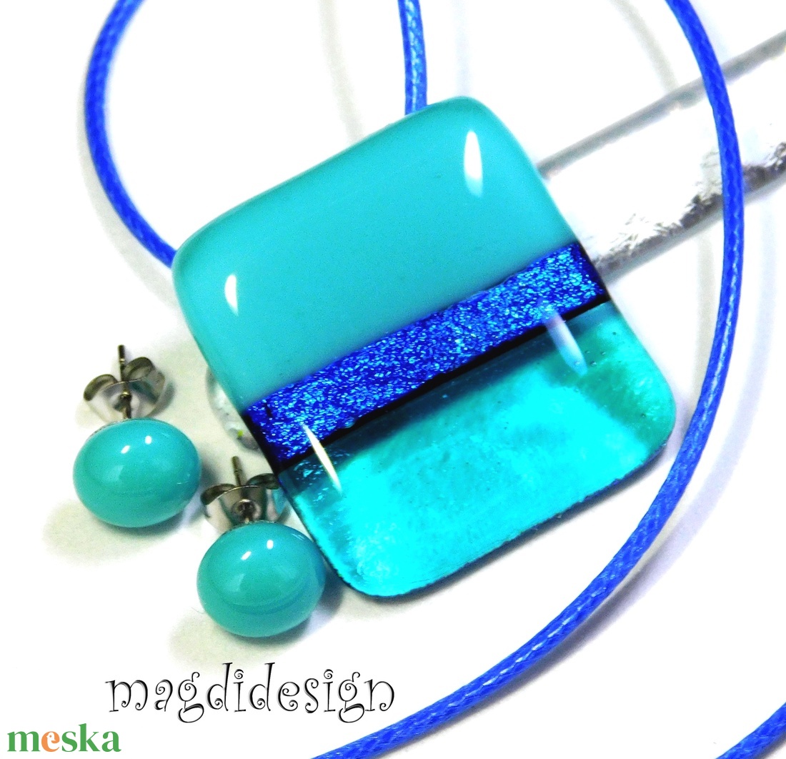 Türkiz-kék színtrió üvegékszer szett nyaklánc stiftes fülbevaló - ékszer - ékszerszett - Meska.hu