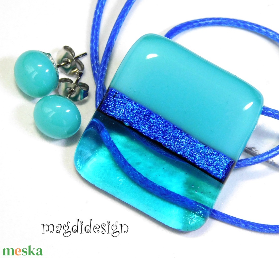 Türkiz-kék színtrió üvegékszer szett nyaklánc stiftes fülbevaló - ékszer - ékszerszett - Meska.hu