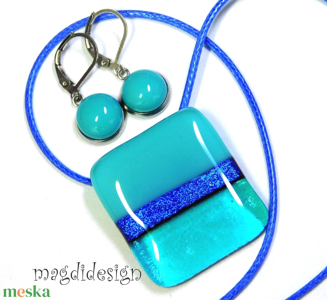 Türkiz-kék színtrió üvegékszer szett nyaklánc stiftes fülbevaló - ékszer - ékszerszett - Meska.hu