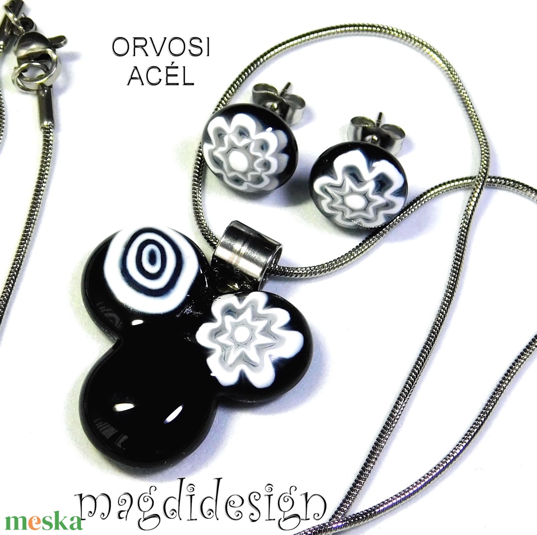 Fekete-fehér bogyós színtrió üvegékszer szett nyaklánc stiftes fülbevaló - ékszer - ékszerszett - Meska.hu