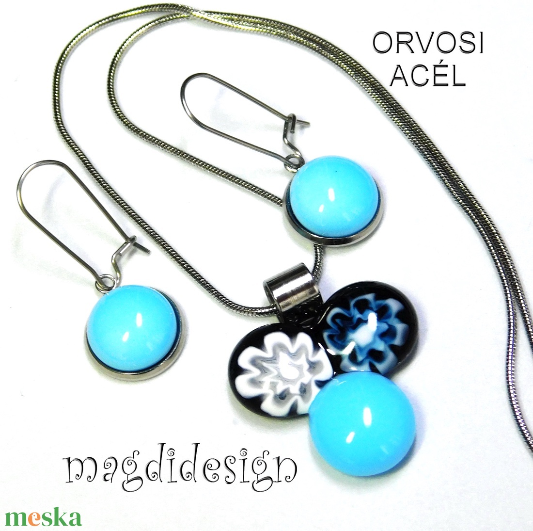 Fekete-kék bogyós színtrió üvegékszer szett nyaklánc lógós fülbevaló - ékszer - ékszerszett - Meska.hu