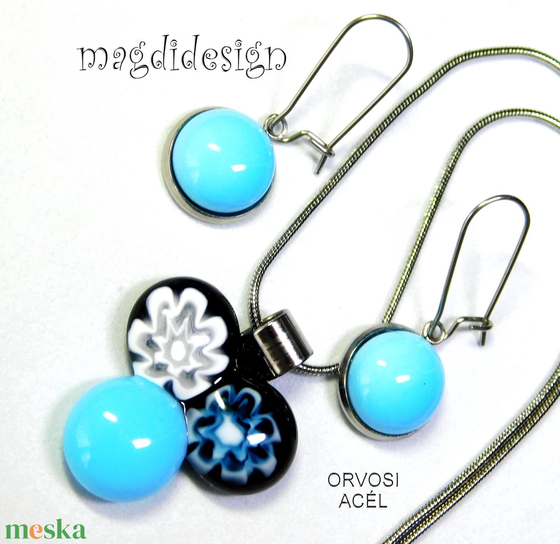 Fekete-kék bogyós színtrió üvegékszer szett nyaklánc lógós fülbevaló - ékszer - ékszerszett - Meska.hu