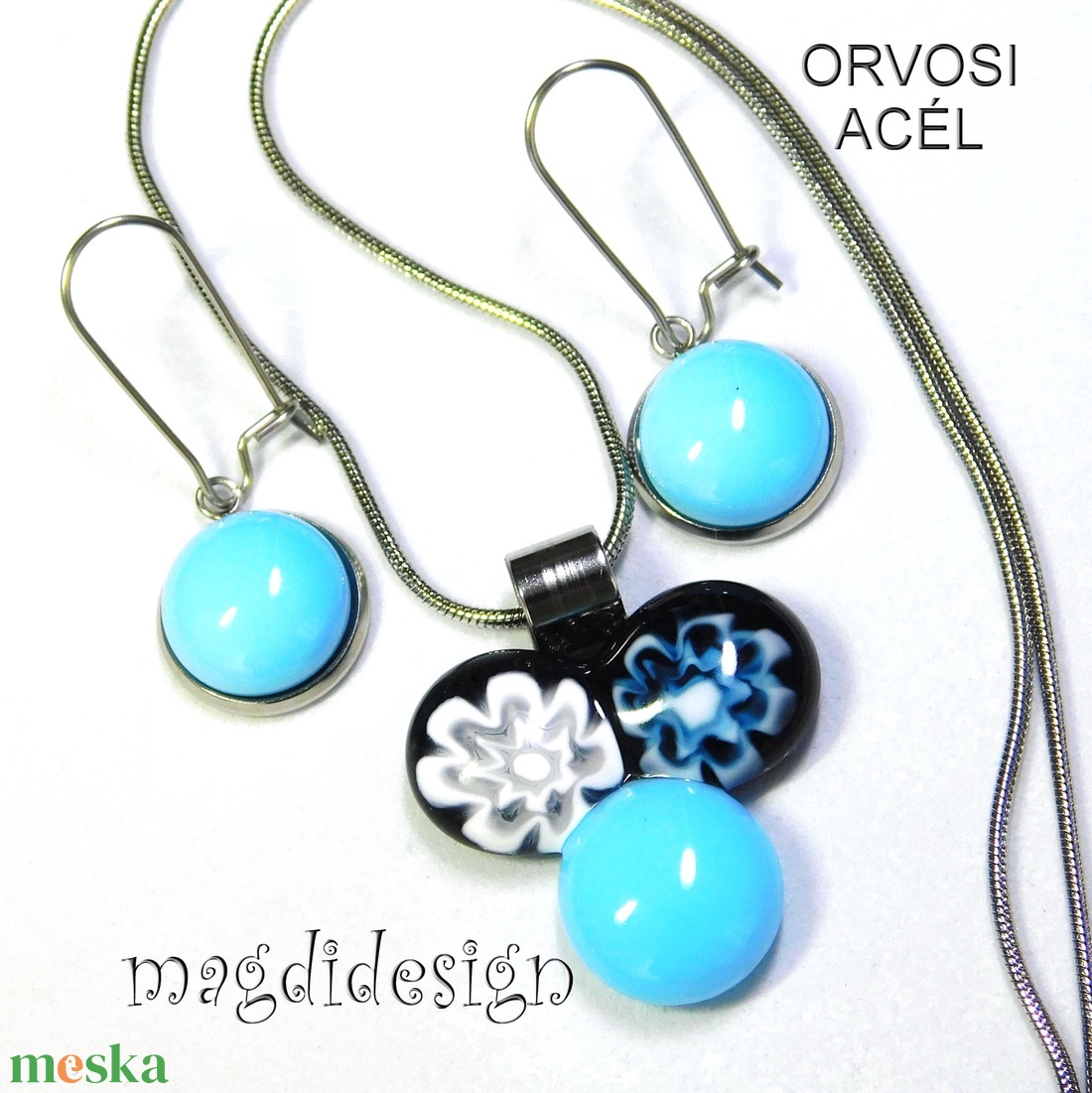 Fekete-kék bogyós színtrió üvegékszer szett nyaklánc stiftes fülbevaló - ékszer - ékszerszett - Meska.hu