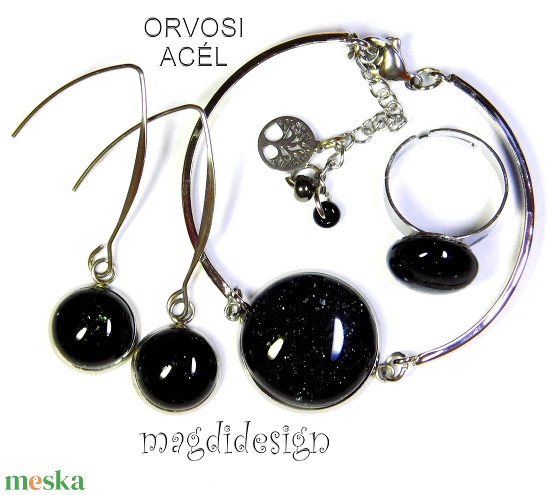 Fekete aventurin üvegékszer szett, karkötő, gyűrű, lógós fülbevaló - ékszer - ékszerszett - Meska.hu