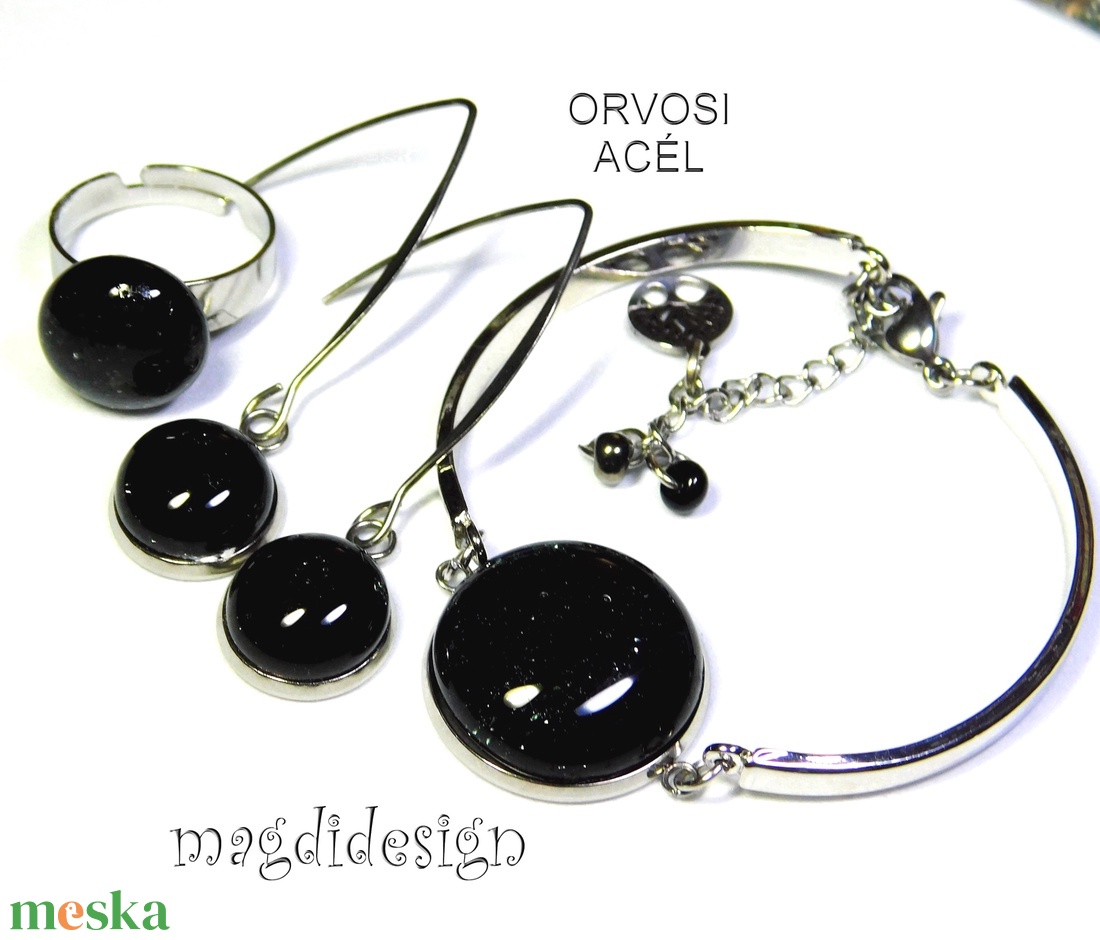 Fekete aventurin üvegékszer szett, karkötő, gyűrű, lógós fülbevaló - ékszer - ékszerszett - Meska.hu