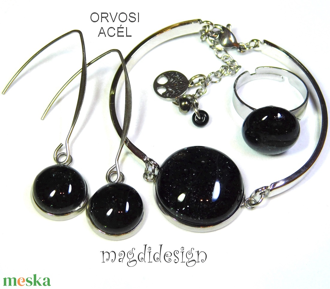Fekete aventurin üvegékszer szett, karkötő, gyűrű, lógós fülbevaló - ékszer - ékszerszett - Meska.hu