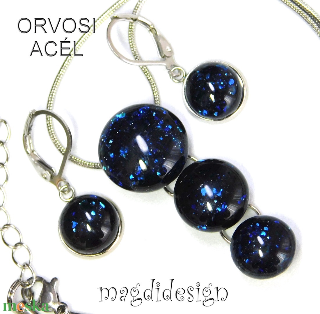 Kék aventurin csillogás üvegékszer szett, nyaklánc, lógós fülbevaló - ékszer - ékszerszett - Meska.hu