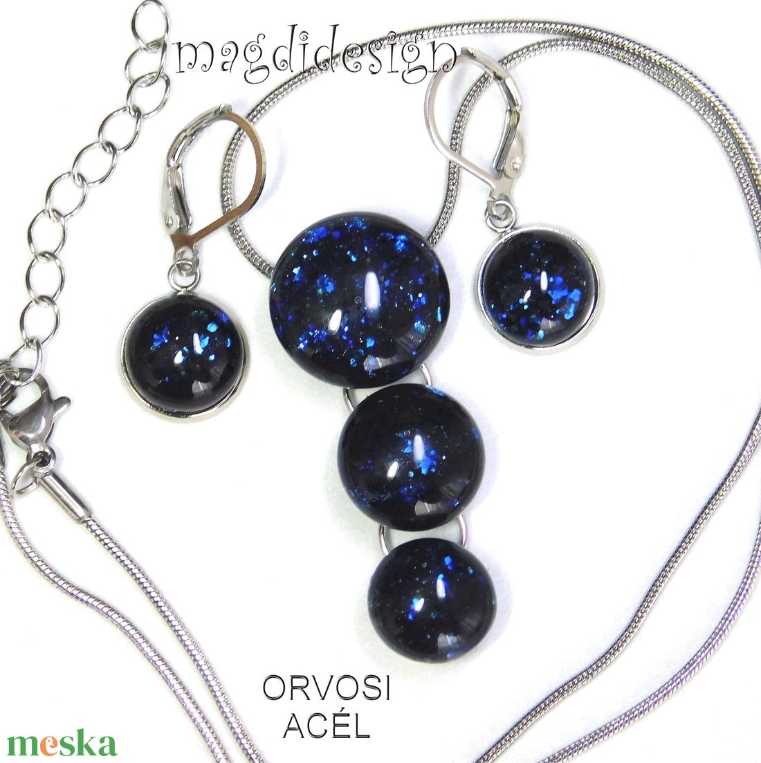 Kék aventurin csillogás üvegékszer szett, nyaklánc, kapcsos fülbevaló - ékszer - ékszerszett - Meska.hu
