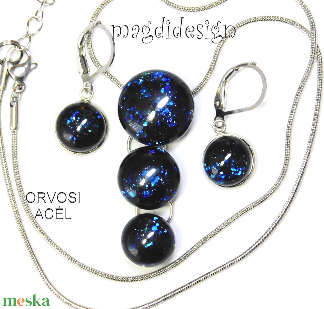 Kék aventurin csillogás üvegékszer szett, nyaklánc, kapcsos fülbevaló - ékszer - ékszerszett - Meska.hu