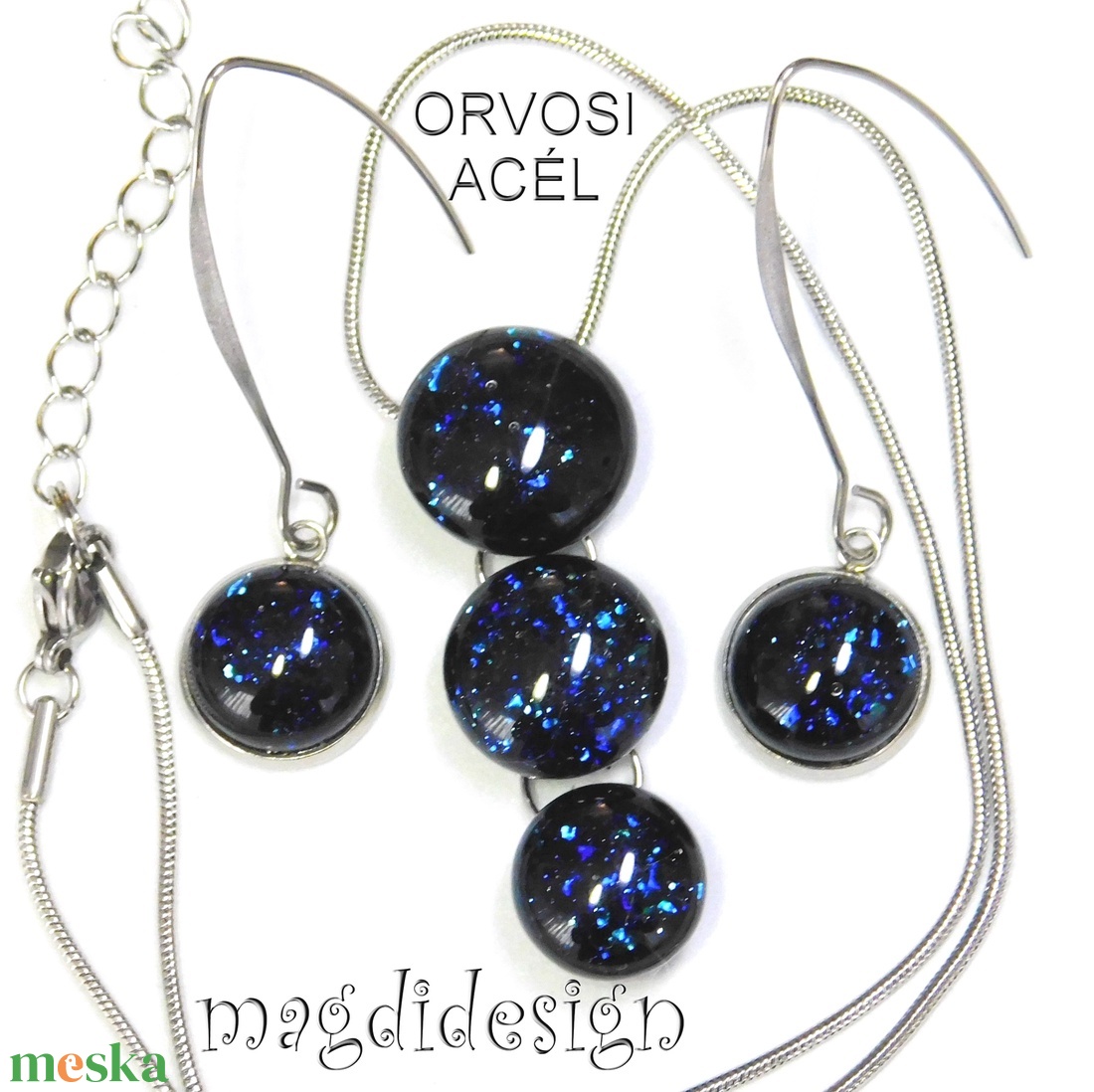 Kék aventurin csillogás üvegékszer szett, nyaklánc, lógós fülbevaló - ékszer - ékszerszett - Meska.hu