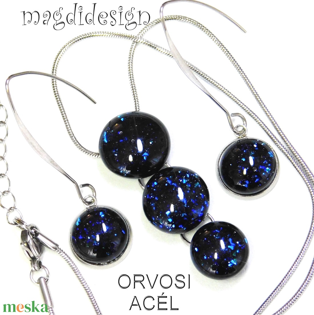 Kék aventurin csillogás üvegékszer szett, nyaklánc, lógós fülbevaló - ékszer - ékszerszett - Meska.hu