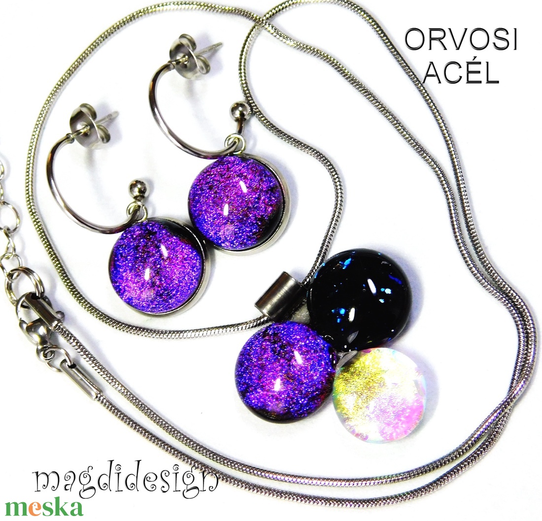 Pinkes dichroic bogyós színtrió üvegékszer szett nyaklánc lógós fülbevaló - ékszer - ékszerszett - Meska.hu