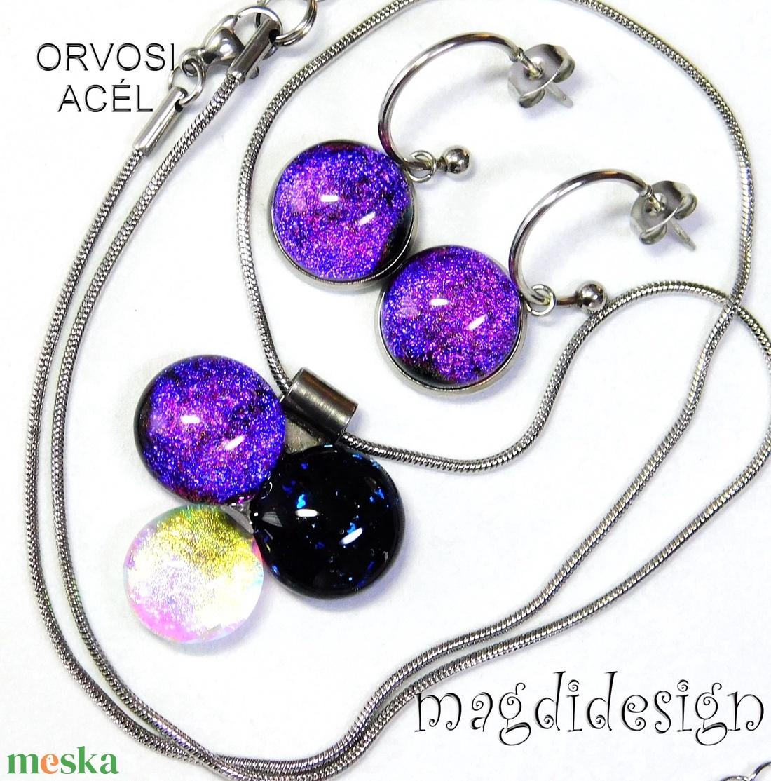 Pinkes dichroic bogyós színtrió üvegékszer szett nyaklánc lógós fülbevaló - ékszer - ékszerszett - Meska.hu