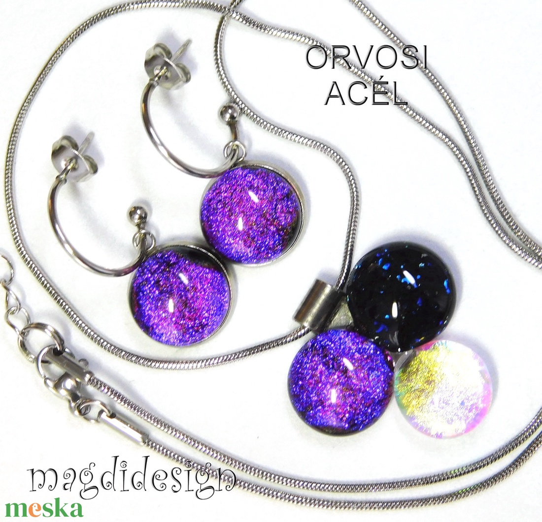 Pinkes dichroic bogyós színtrió üvegékszer szett nyaklánc lógós fülbevaló - ékszer - ékszerszett - Meska.hu