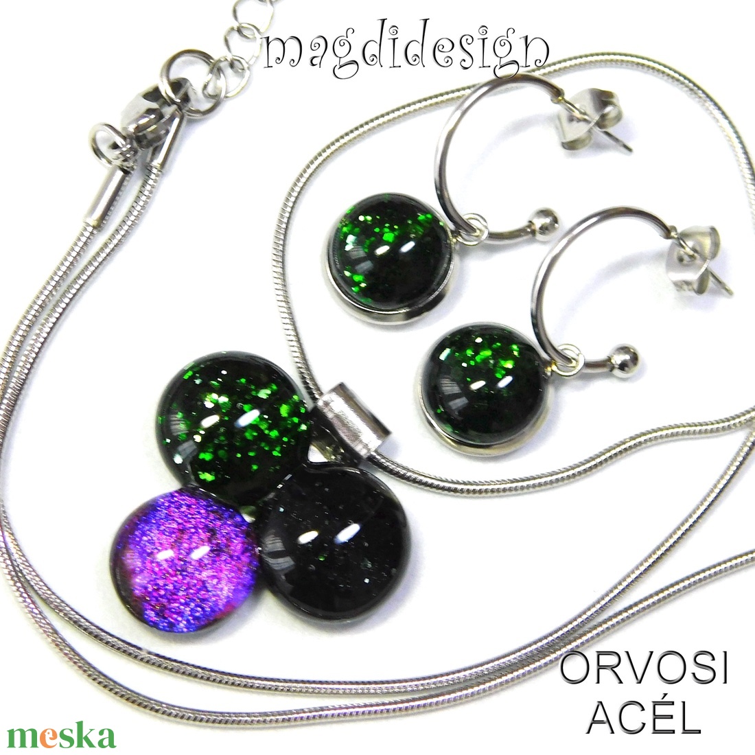Pinkes dichroic bogyós színtrió üvegékszer szett nyaklánc lógós fülbevaló - ékszer - ékszerszett - Meska.hu