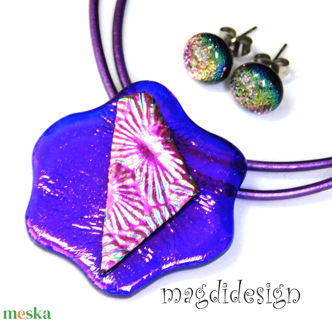 Narancs-pink színváltós dichroic üvegékszer szett nyaklánc, stiftes fülbevaló  - ékszer - ékszerszett - Meska.hu