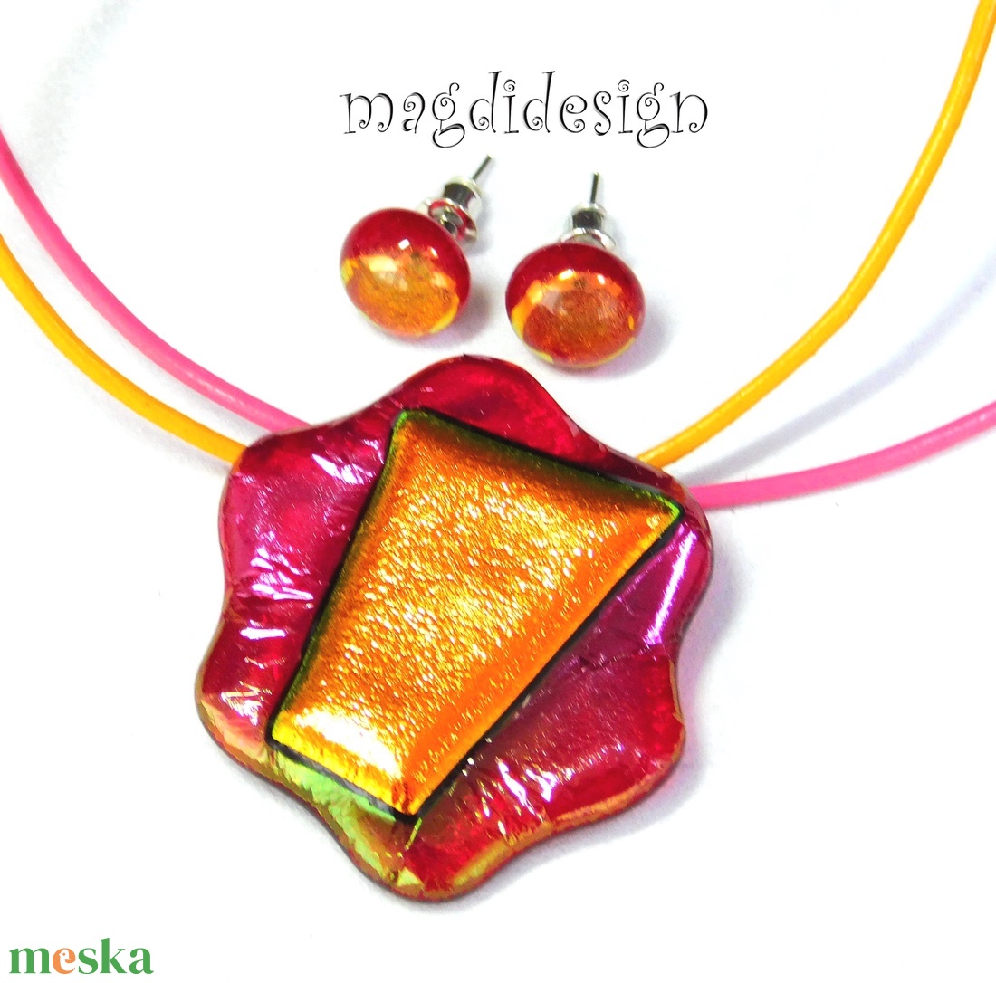 Narancs-pink színváltós dichroic üvegékszer szett nyaklánc, stiftes fülbevaló  - ékszer - ékszerszett - Meska.hu