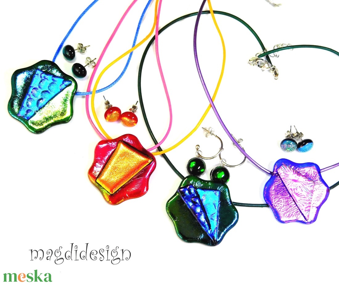 Kék zöld színjáték dichroic üvegékszer szett nyaklánc, lógós fülbevaló  - ékszer - ékszerszett - Meska.hu