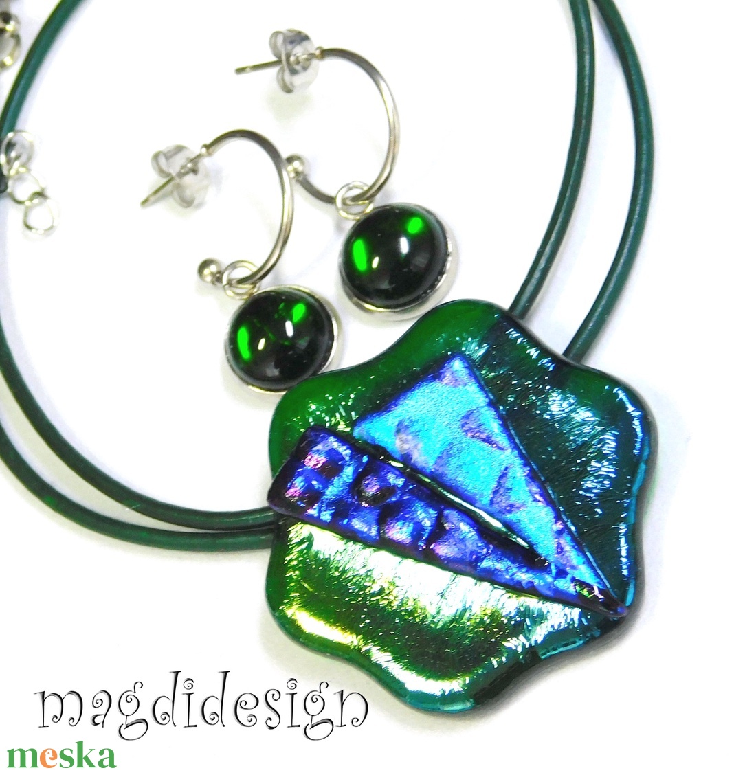 Kék zöld színjáték dichroic üvegékszer szett nyaklánc, lógós fülbevaló  - ékszer - ékszerszett - Meska.hu
