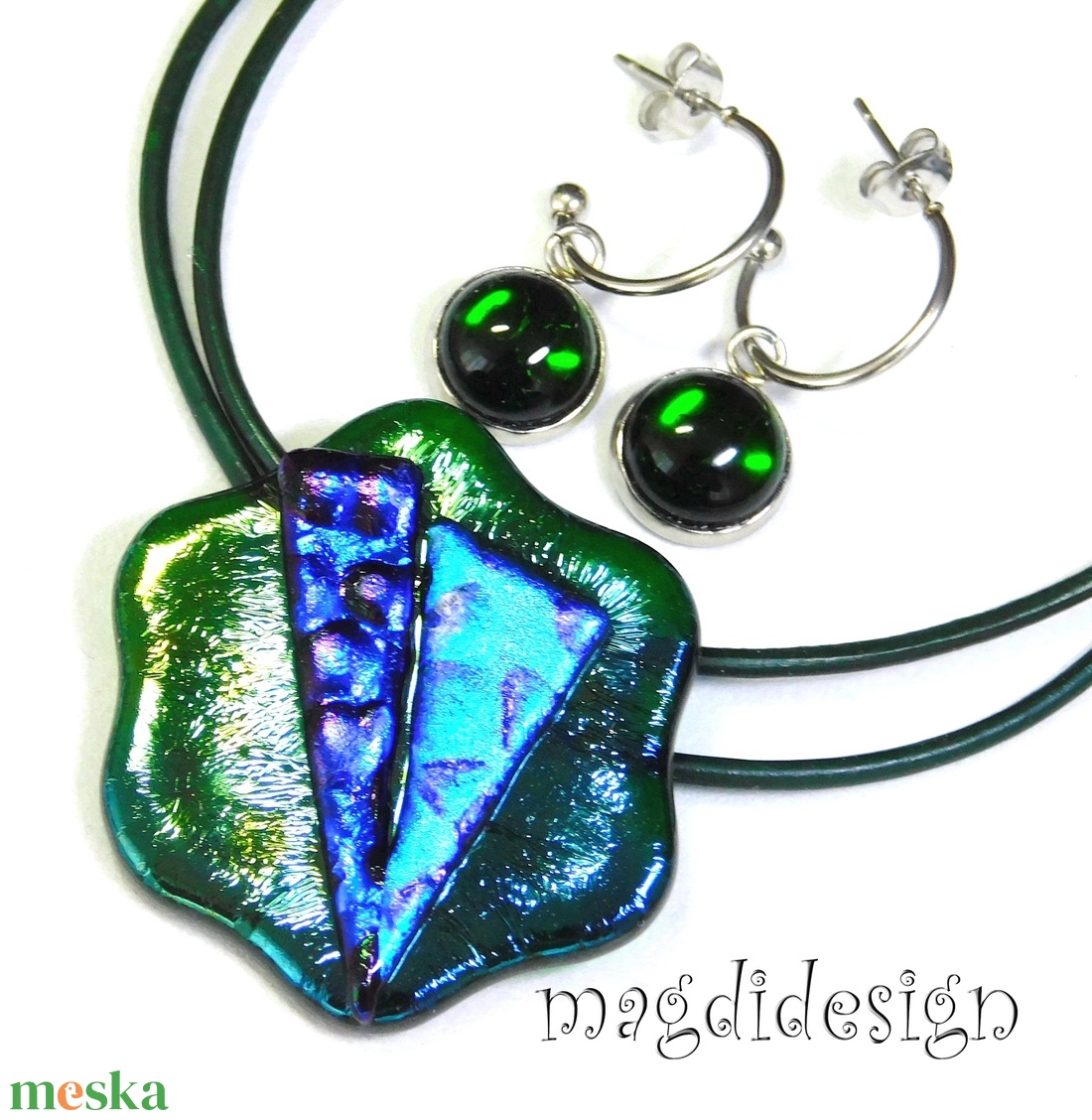 Kék zöld színjáték dichroic üvegékszer szett nyaklánc, lógós fülbevaló  - ékszer - ékszerszett - Meska.hu