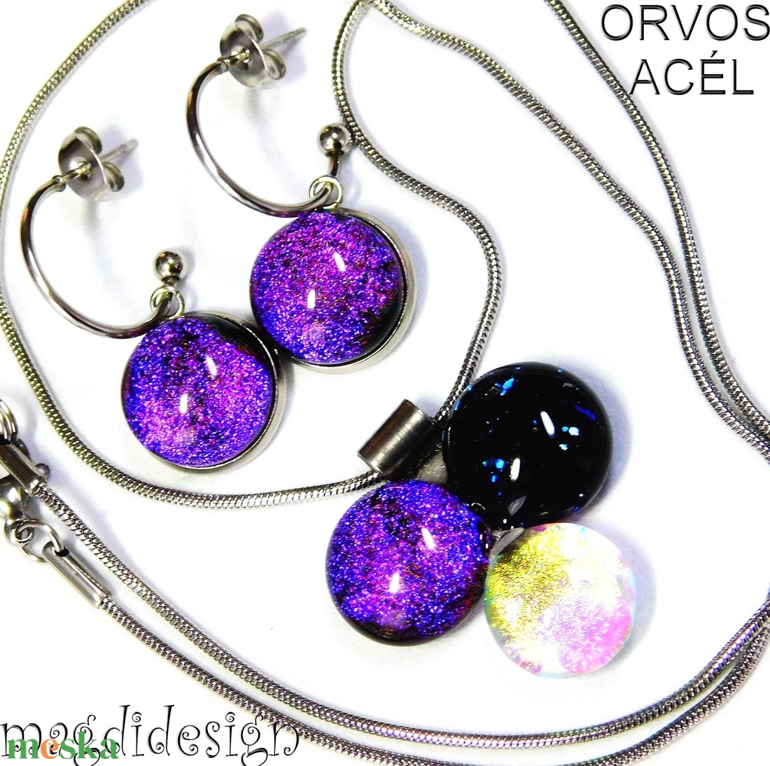 Pinkes dichroic bogyós színtrió üvegékszer szett nyaklánc lógós fülbevaló - ékszer - ékszerszett - Meska.hu