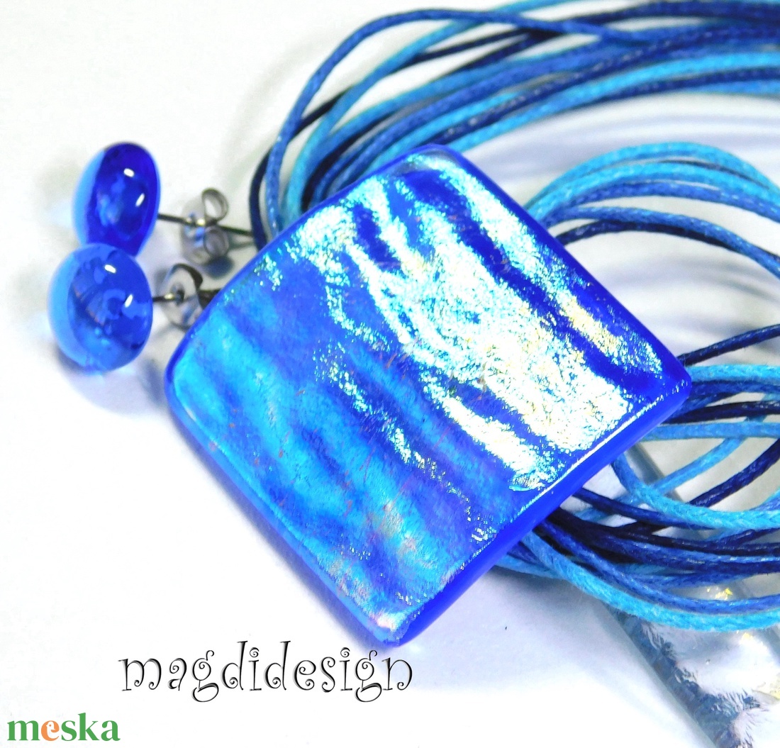 Aranyló bíbor-kék selyemcukor üvegékszer szett nyaklánc fülbevaló - ékszer - ékszerszett - Meska.hu