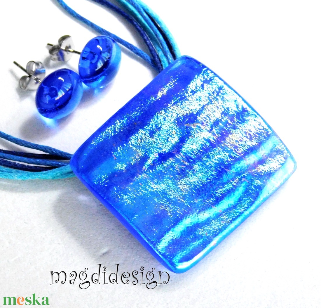 Aranyló kék selyemcukor üvegékszer szett nyaklánc fülbevaló - ékszer - ékszerszett - Meska.hu