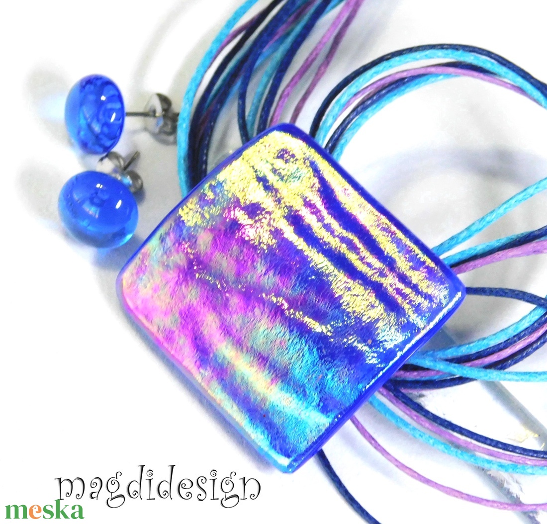 Aranyló bíbor-kék selyemcukor üvegékszer szett nyaklánc fülbevaló - ékszer - ékszerszett - Meska.hu