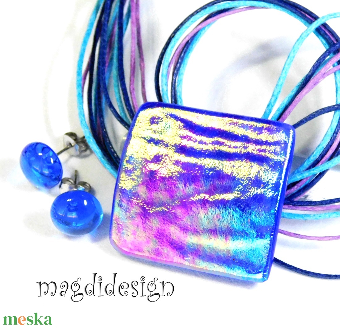 Aranyló bíbor-kék selyemcukor üvegékszer szett nyaklánc fülbevaló - ékszer - ékszerszett - Meska.hu