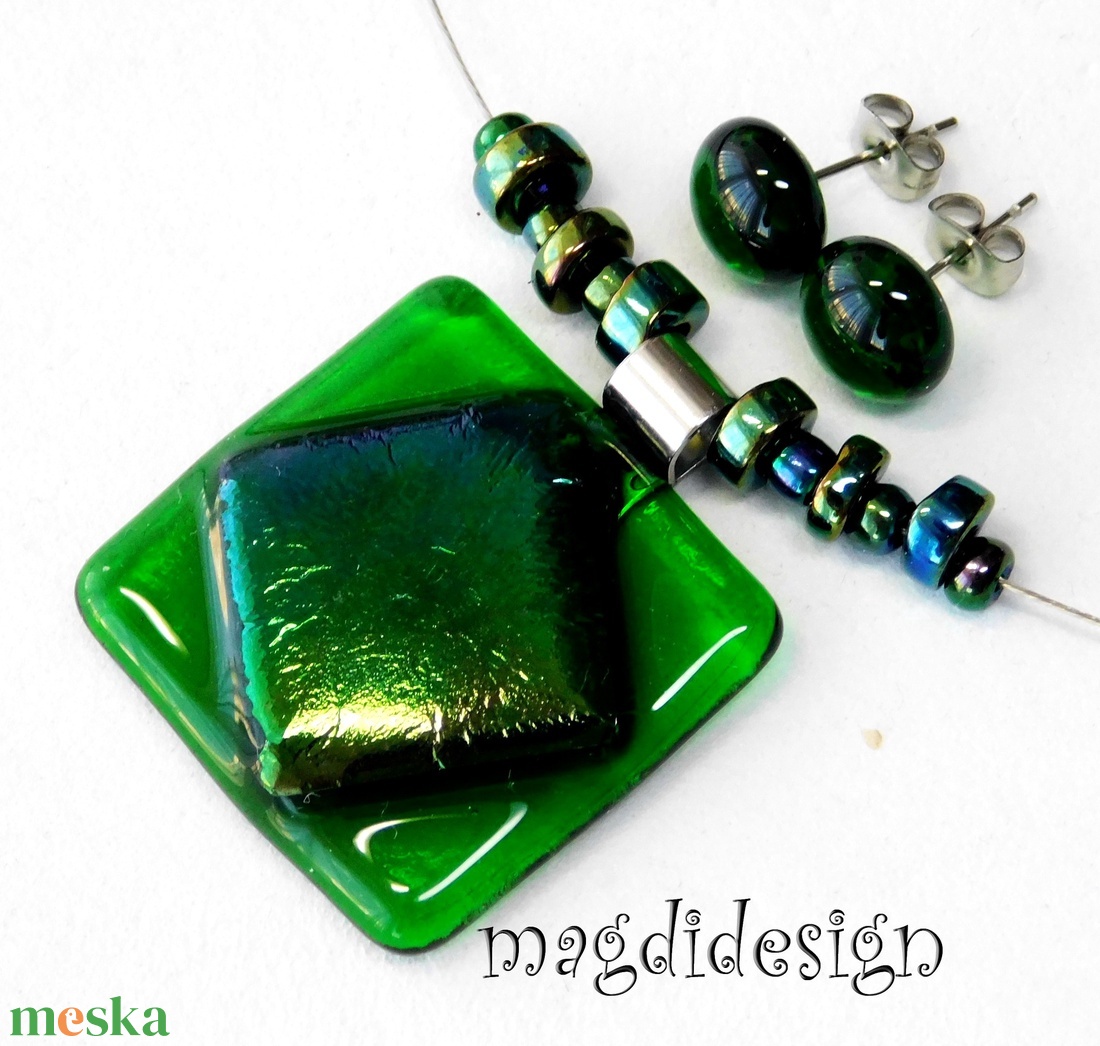 Kék-zöld eozin smaragdon üvegékszer szett nyaklánc stiftes fülbevaló  - ékszer - ékszerszett - Meska.hu