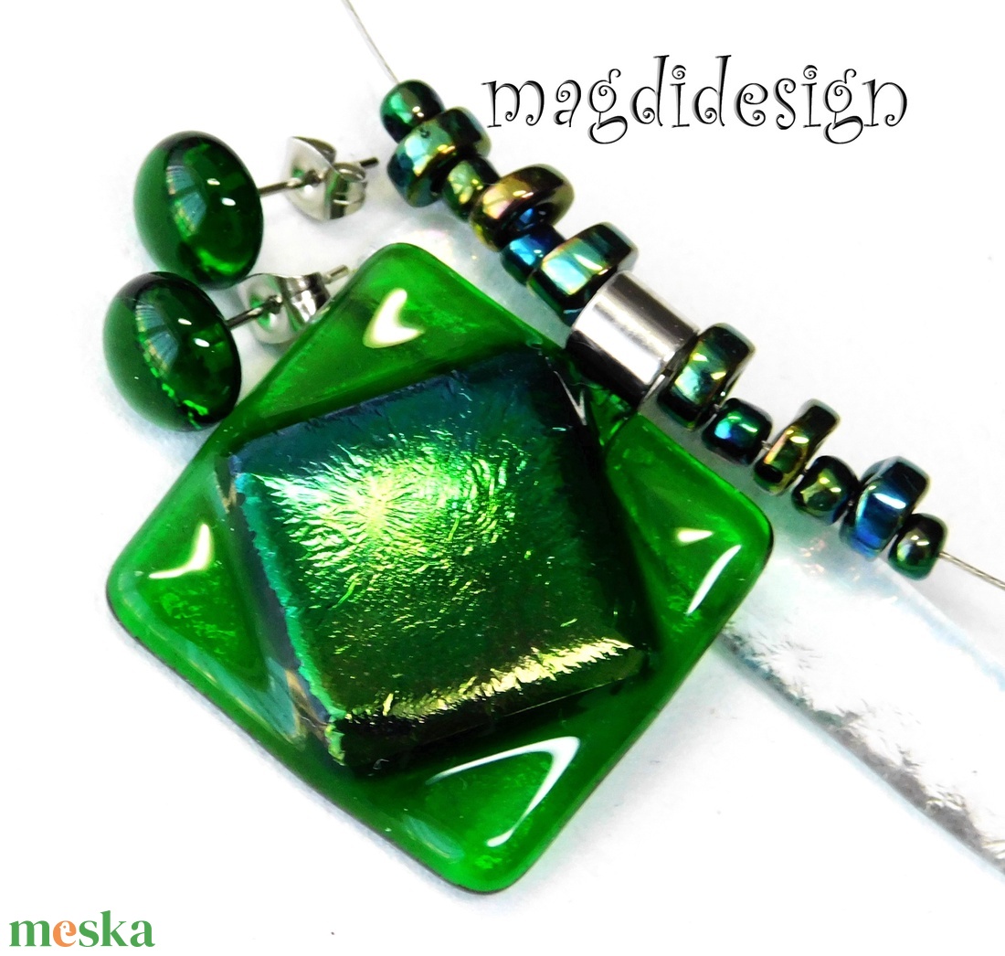 Kék-zöld eozin smaragdon üvegékszer szett nyaklánc stiftes fülbevaló  - ékszer - ékszerszett - Meska.hu