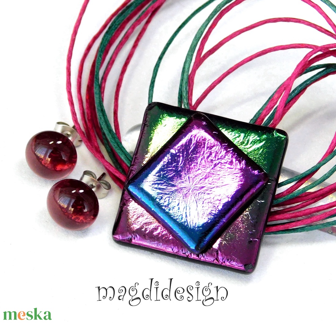 Bíbor-kék-zöld eozin üvegékszer szett nyaklánc stiftes fülbevaló  - ékszer - ékszerszett - Meska.hu