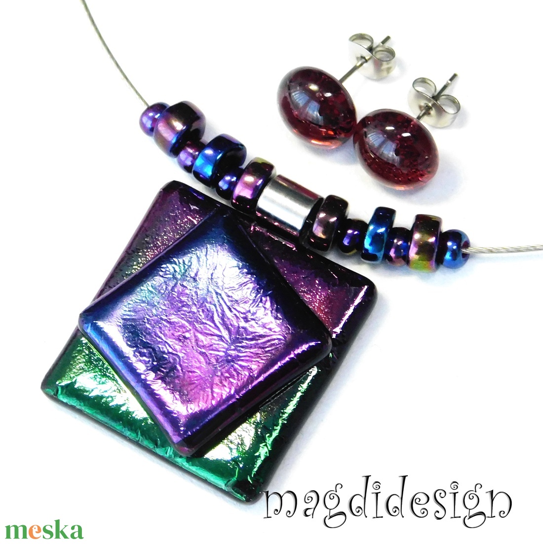 Bíbor-kék-zöld eozin üvegékszer szett nyaklánc stiftes fülbevaló  - ékszer - ékszerszett - Meska.hu