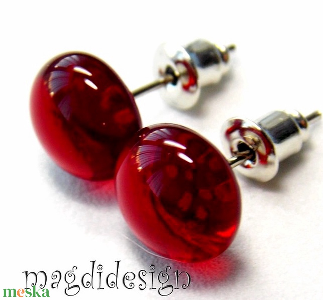 NEMESACÉL! Áttetsző rubinpiros üvegékszer fülbevaló  - ékszer - fülbevaló - pötty fülbevaló - Meska.hu