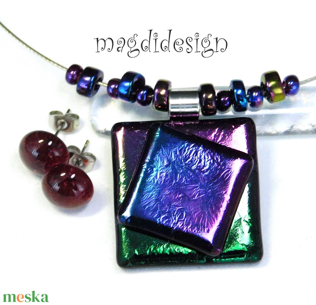 Bíbor-kék-zöld eozin üvegékszer szett nyaklánc stiftes fülbevaló  - ékszer - ékszerszett - Meska.hu