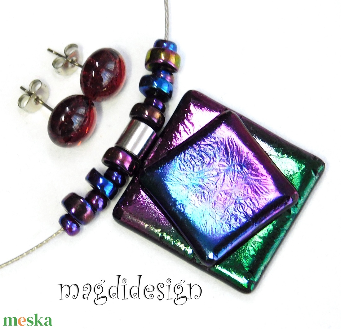 Bíbor-kék-zöld eozin üvegékszer szett nyaklánc stiftes fülbevaló  - ékszer - ékszerszett - Meska.hu