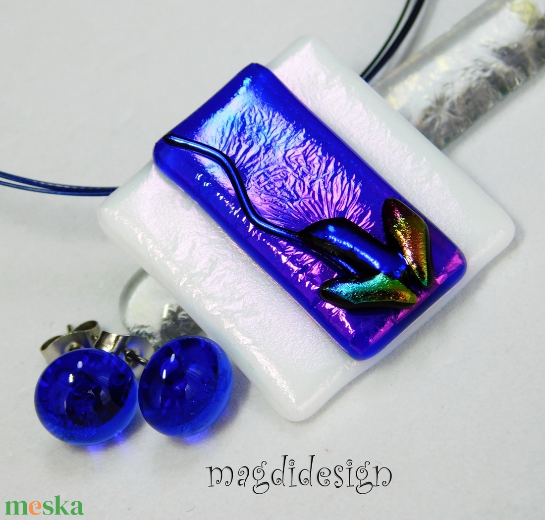 Exkluzív kék-fehér kontraszt üvegékszer szett nyaklánc gyűrű fülbevaló - ékszer - ékszerszett - Meska.hu