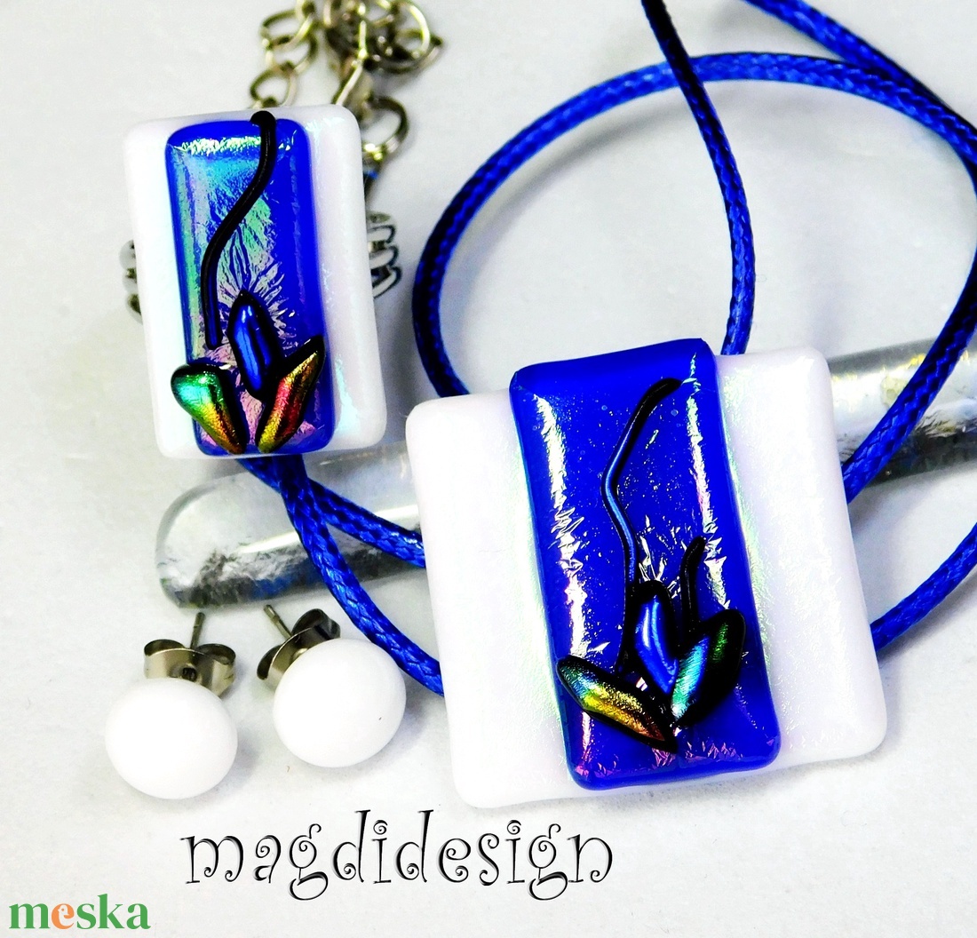 Exkluzív kék-fehér kontraszt üvegékszer szett nyaklánc gyűrű fülbevaló - ékszer - ékszerszett - Meska.hu