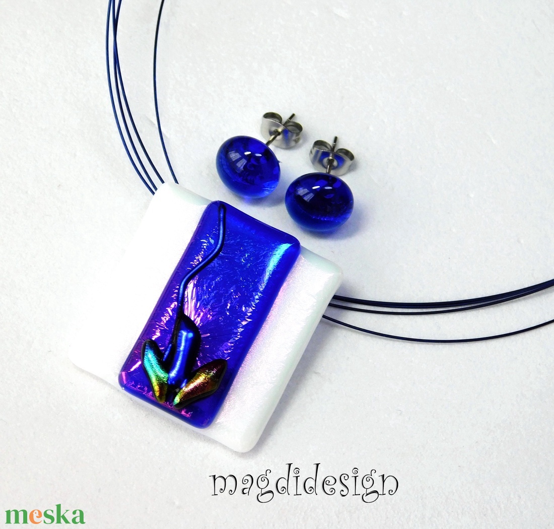 Exkluzív kék-fehér kontraszt üvegékszer szett nyaklánc fülbevaló - ékszer - ékszerszett - Meska.hu