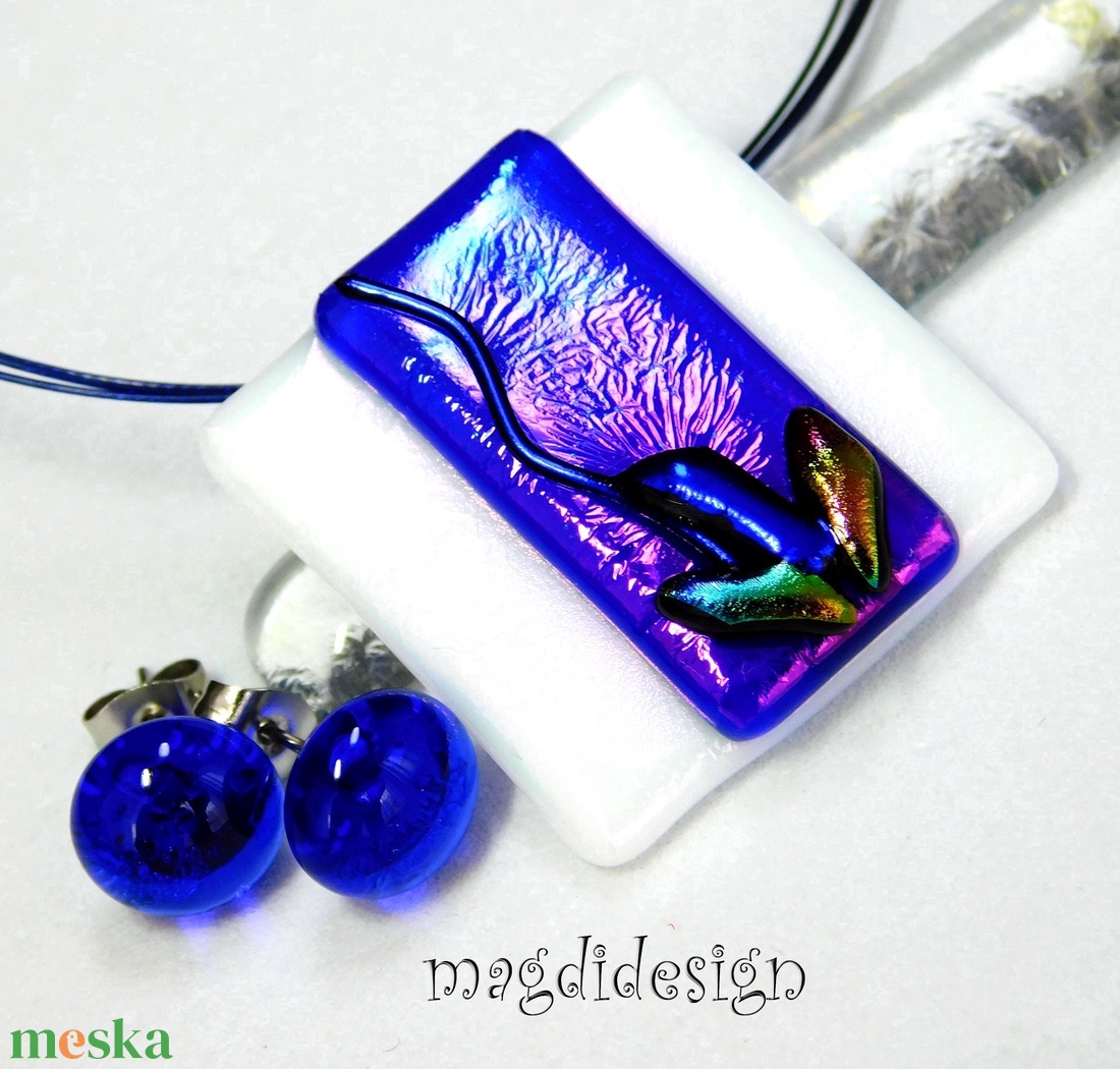 Exkluzív kék-fehér kontraszt üvegékszer szett nyaklánc fülbevaló - ékszer - ékszerszett - Meska.hu