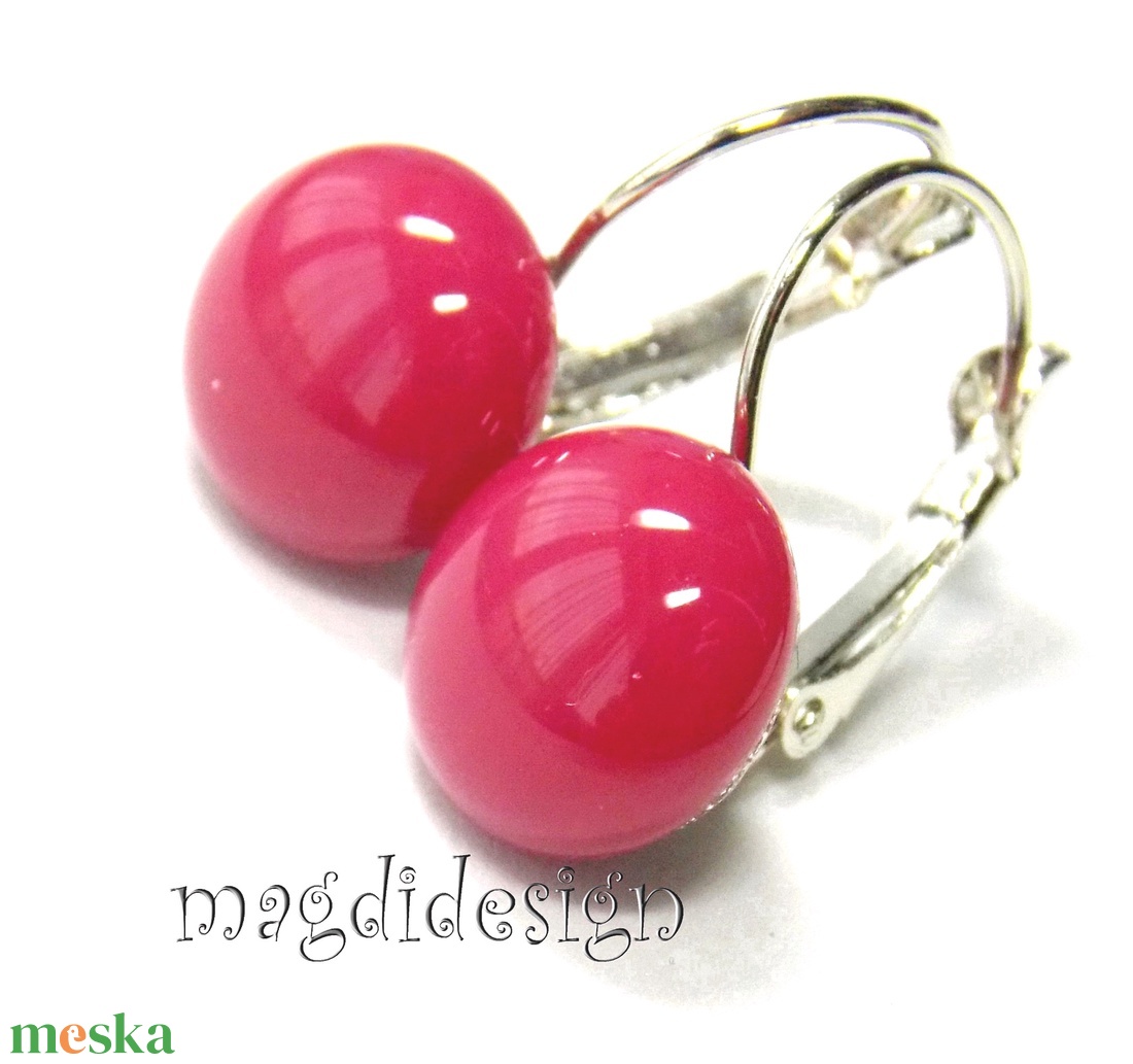 MAXI Mályvás-málna üvegékszer kapcsos fülbevaló  - ékszer - fülbevaló - lógós kerek fülbevaló - Meska.hu