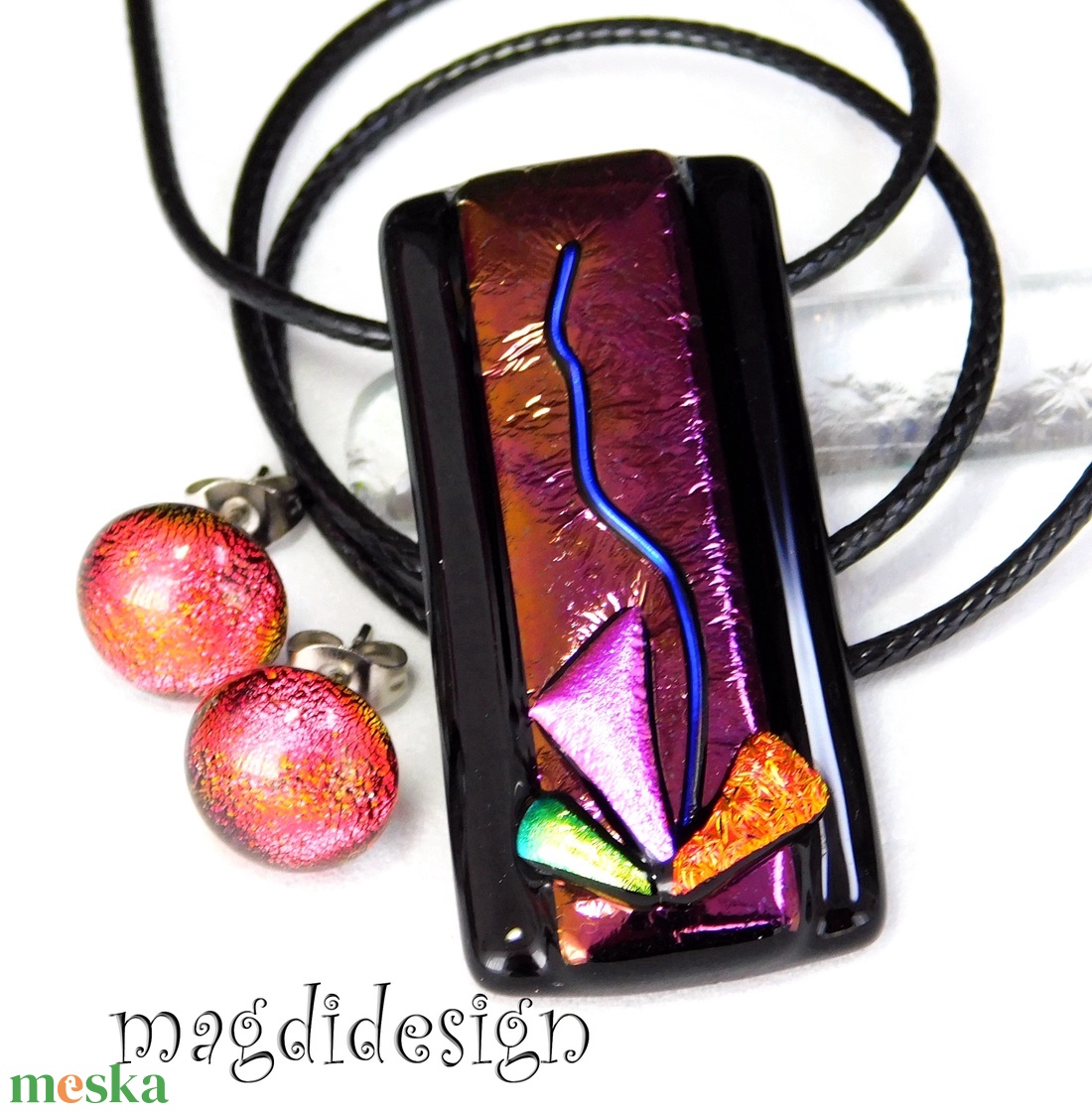 Exkluzív fekete türkiz üvegékszer szett nyaklánc maxi kapcsos fülbevaló - ékszer - ékszerszett - Meska.hu