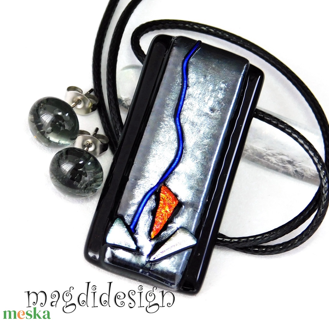 Exkluzív fekete ezüst üvegékszer szett nyaklánc fülbevaló - ékszer - ékszerszett - Meska.hu