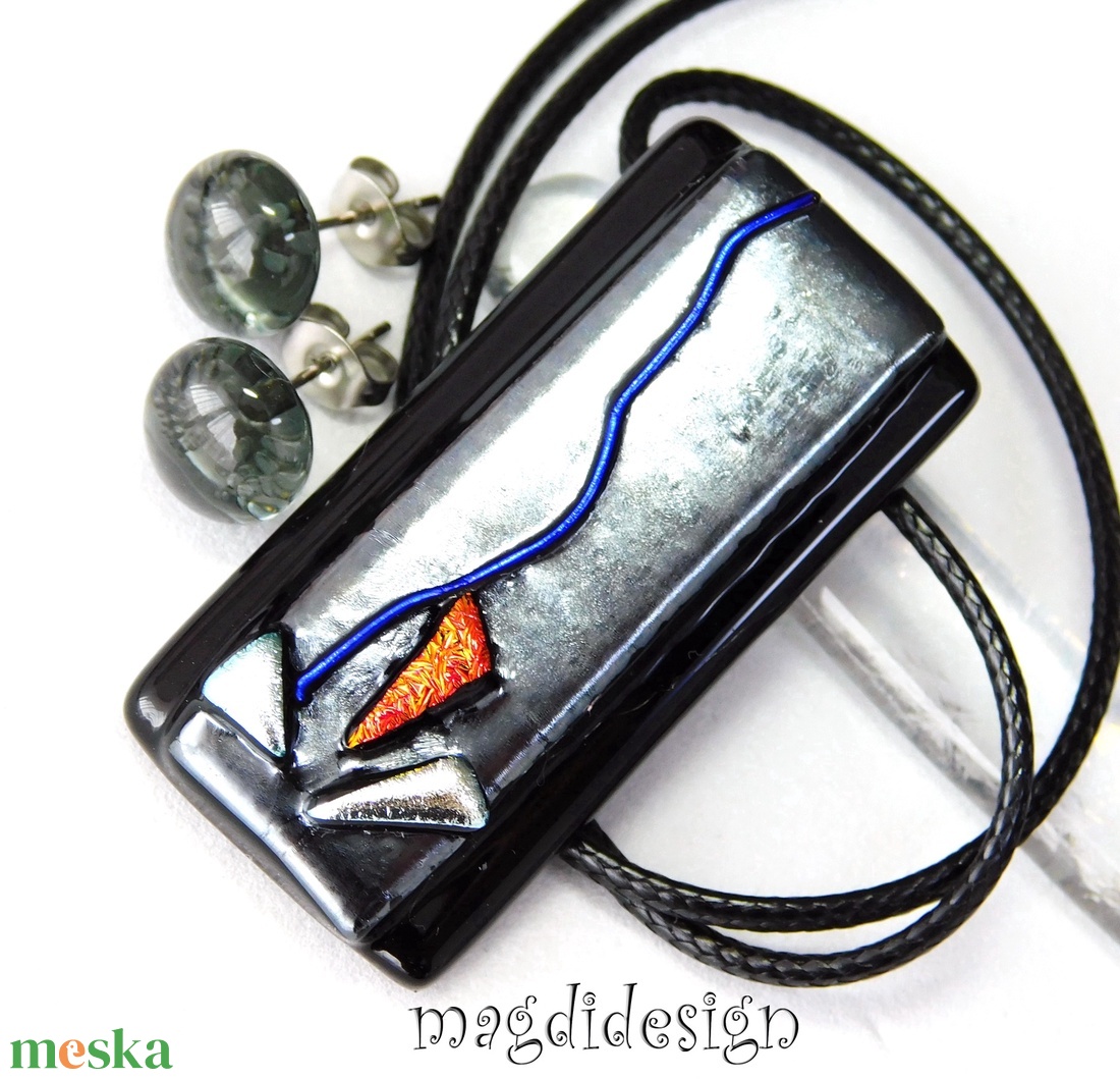 Exkluzív fekete ezüst üvegékszer szett nyaklánc fülbevaló - ékszer - ékszerszett - Meska.hu