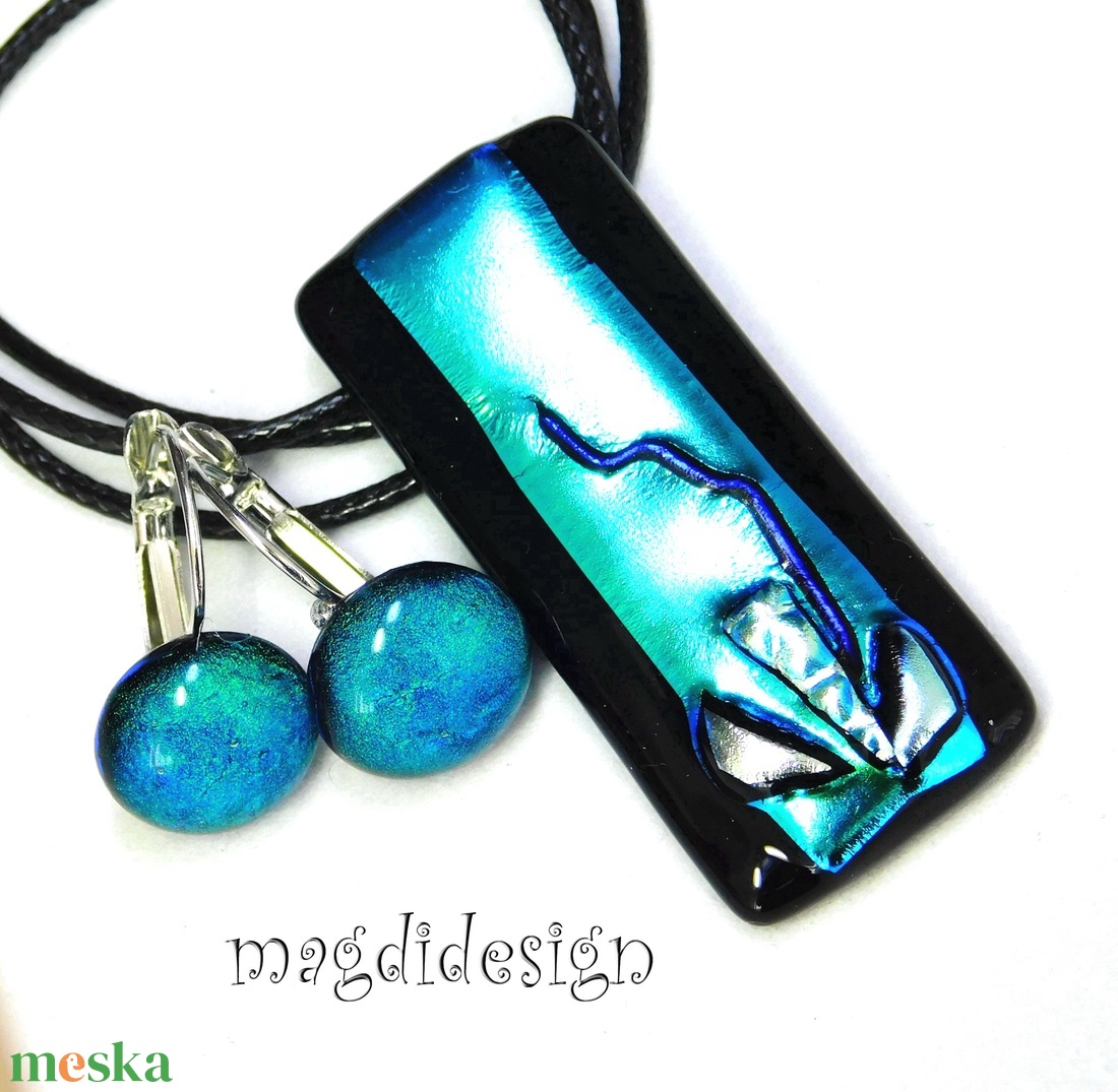 Exkluzív fekete türkiz üvegékszer szett nyaklánc maxi kapcsos fülbevaló - ékszer - ékszerszett - Meska.hu